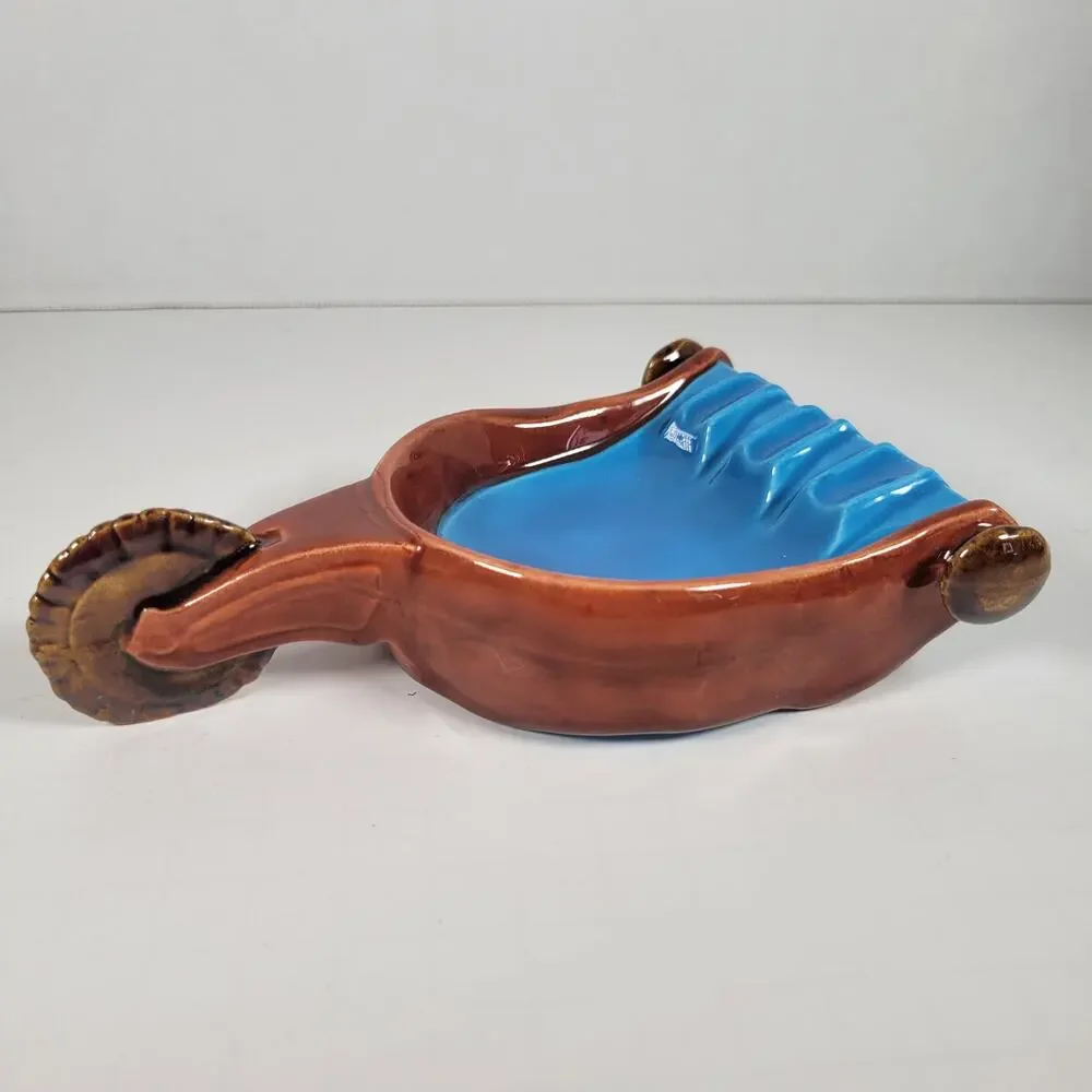 Spur Ashtray with Handle, Mid-Century Modern Farmhouse Vintage Blue and Brown